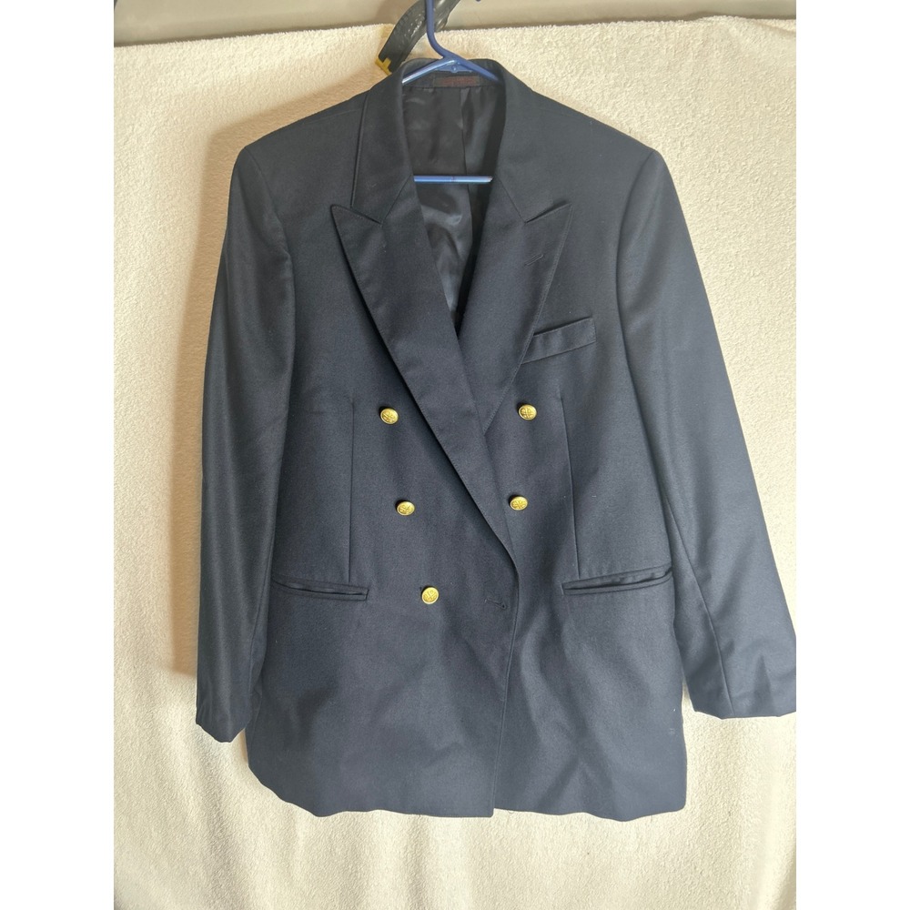English Manor Mens Navy Blue Wool Double Breasted Blazer Gold Crest Buttons 40R